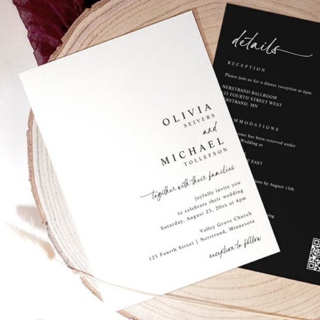 Modern Simple Handwriting All in One Wedding Inbjudningar (Minimalist black and white wedding invite with right-aligned handwritten script and QR code on back)