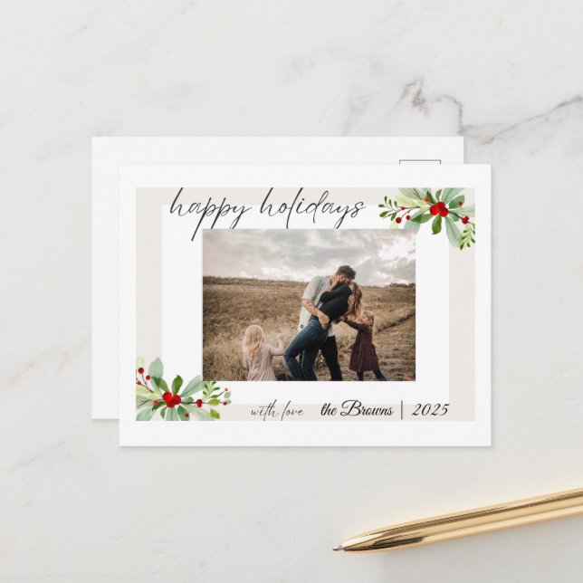 Modern Simple Happy Holidays Family Photo Card Vykort (Fram/Back In Situ)