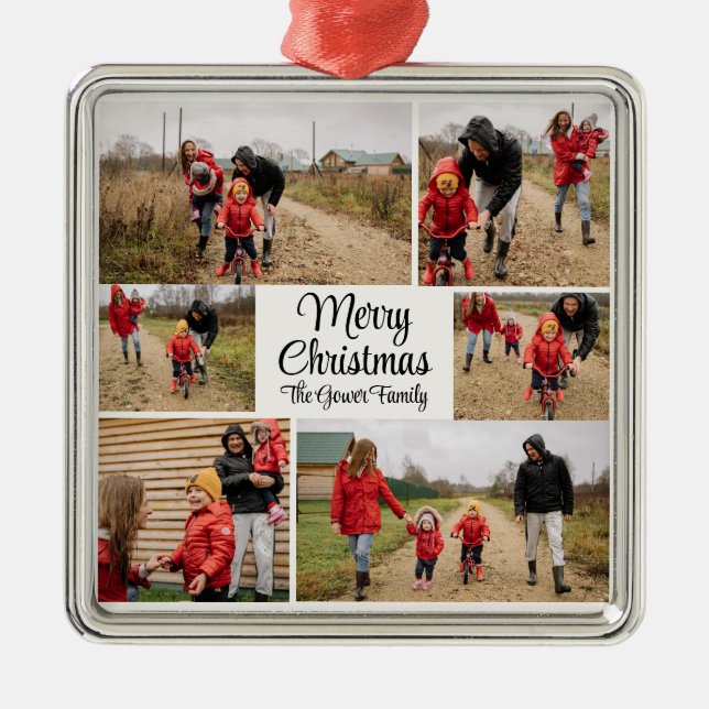 Modern Simple Merry Christmas Photo Collage Julgransprydnad Metall (Framsidan)