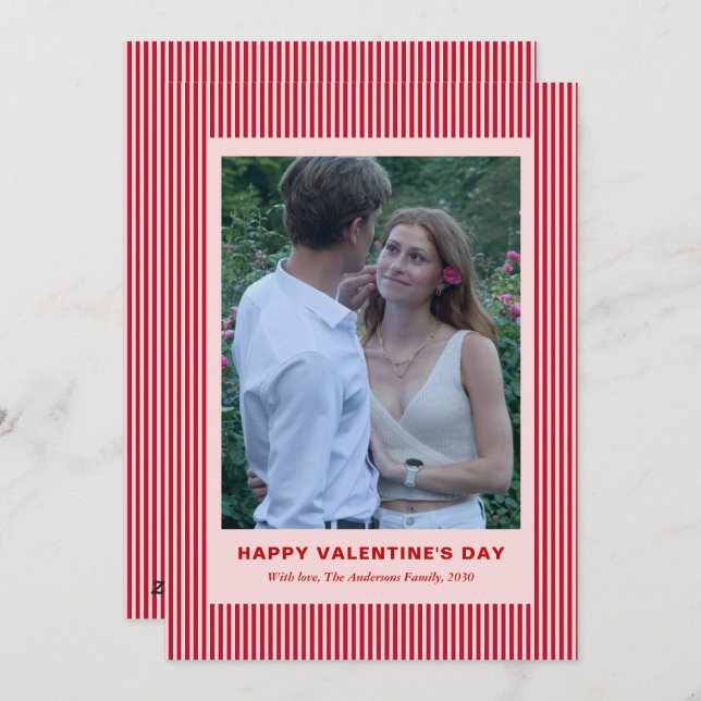 Modern Simple Red Stripes Two Photo Valentines Day Julkort (Fram/baksida)