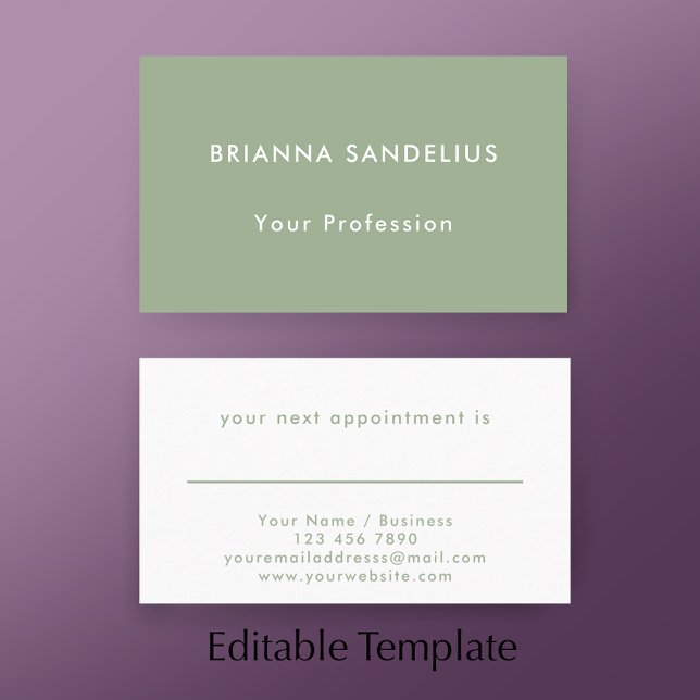Modern Simple Sage Green Custom Business Tidsbeställning Kort (Add your custom text to this modern sage green appointment card template.
)