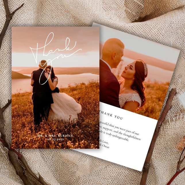 Modern Simple Script Wedding Photo Tack Kort (Skapare uppladdad)