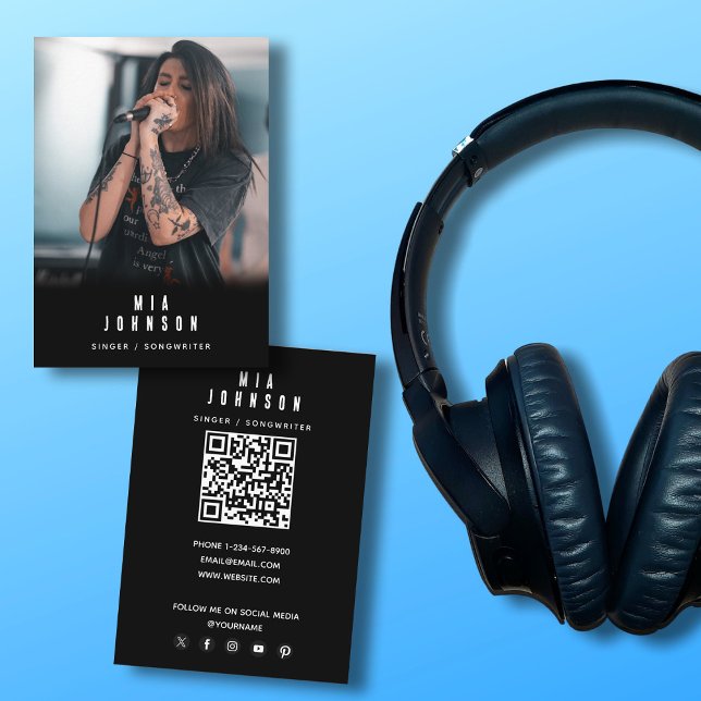 Modern Simple Singer Musician Photography Black Visitkort (Modern Simple Singer Musician Photography Black Business Card)