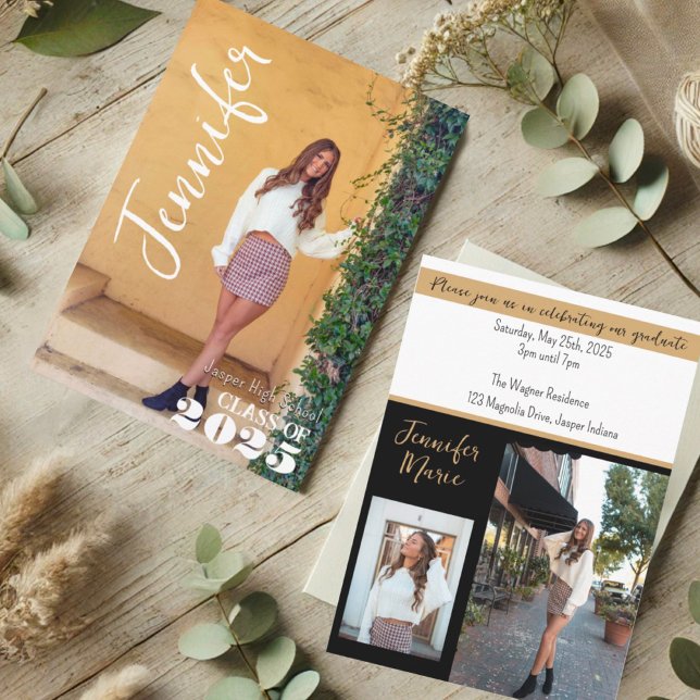 Modern Simple Student Photo Namn Black Guld Inbjudningar (Skapare uppladdad)