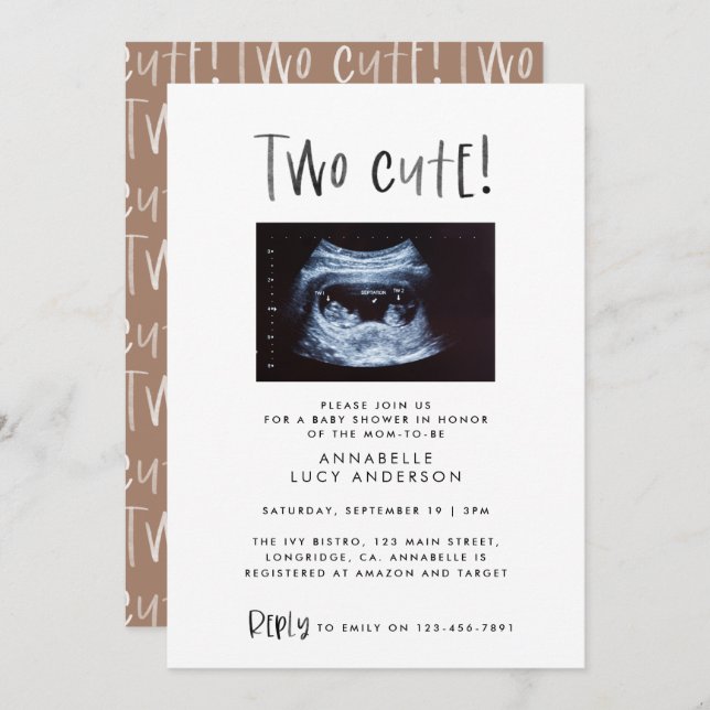 Modern simple twin photo tan brown two cute birth meddelande (Fram/baksida)