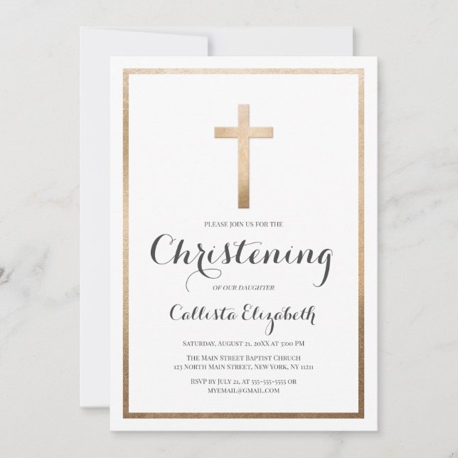 Modern Simple White Guld Kor Gräns Christening Inbjudningar (Framsida)