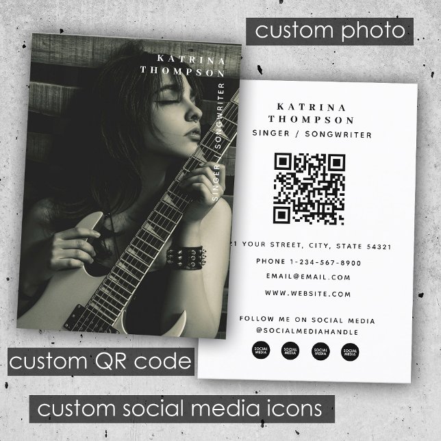 Modern Singer Musician Photo Guitarist QR-kod Visitkort (Modern Singer Musician Photo Guitarist QR Code Business Card)
