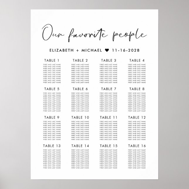 Modern sittplatsplan för 16 Bord Bröllop Poster (Framsidan)