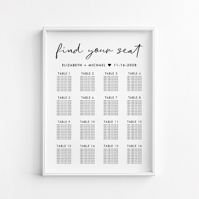 Modern sittplatsplan för 16 Bord Bröllop Poster (Skapare uppladdad)