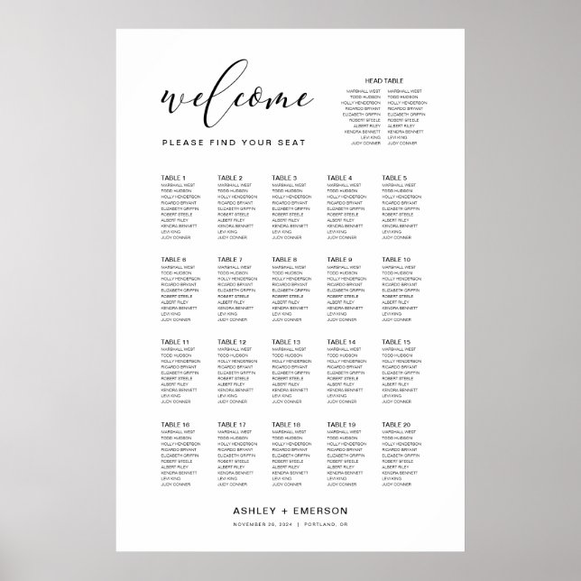 Modern sittplatsplan för skript med huvud Bord Poster (Framsidan)