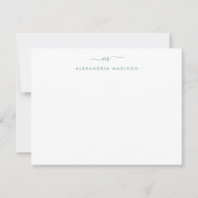 Modern Sjö Grönt Script Monogram Swash Stationery Anteckningskort (Framsida)