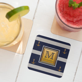 Modern sjöankare blå guld grå monogram underlägg papper kvadrat