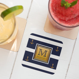 Modern sjöankare blå vit guldmonogram underlägg papper kvadrat