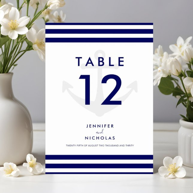 Modern sjöankare blåa ränder bröllop bordsnummer (Modern Nautical Anchor Blue Stripes Wedding Table Number)