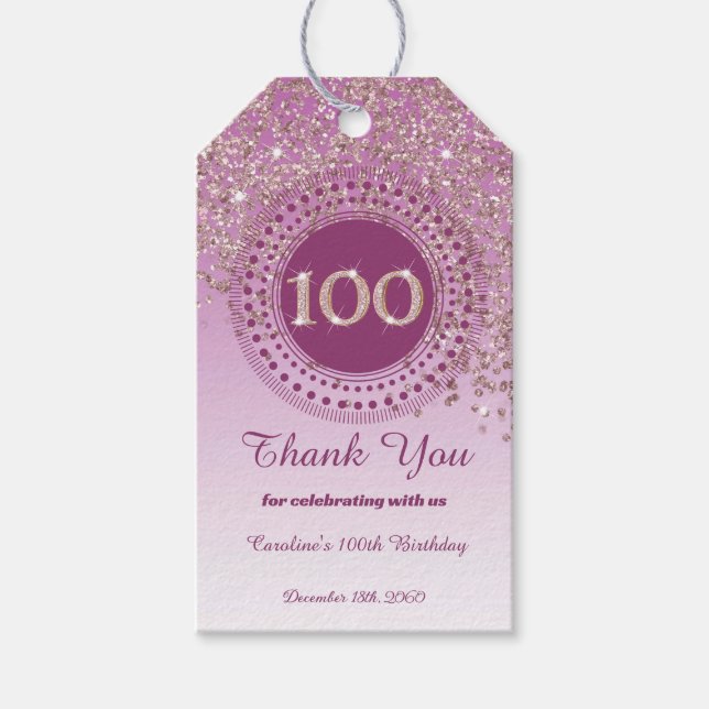 Modern sjunkande 100-årsjubileum Ro Guld Glitter Presentetikett (Framsidan)