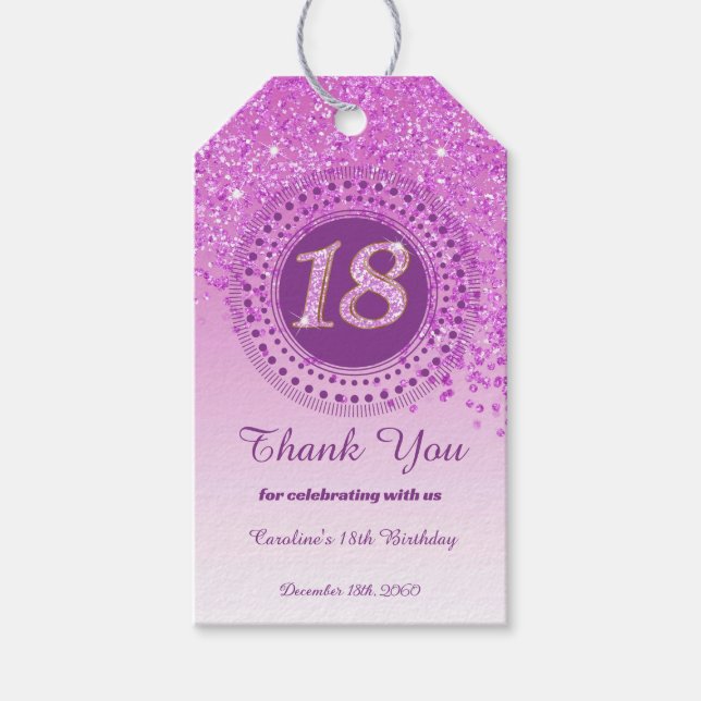 Modern sjunkande Rosa Glitter 18:e födelsedag Presentetikett (Framsidan)