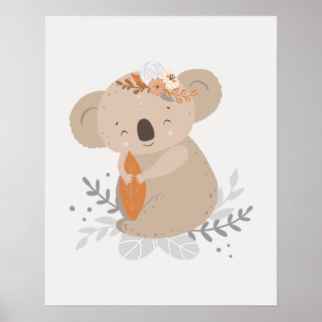 Modern skandinavisk söt Koala med blommor Barnkamm Poster (Framsidan)