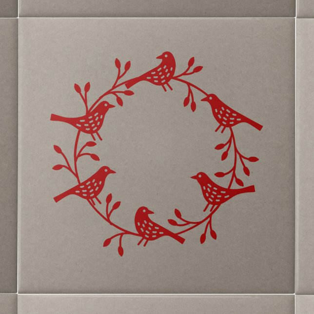 Modern skandinaviska fågel och rosehöftfrand kakelplatta (Red Scandinavian bird wreath ceramic tile)