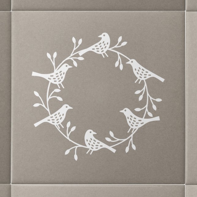 Modern skandinaviska fågel och rosehöftfrand kakelplatta (White Scandinavian bird wreath ceramic tile)