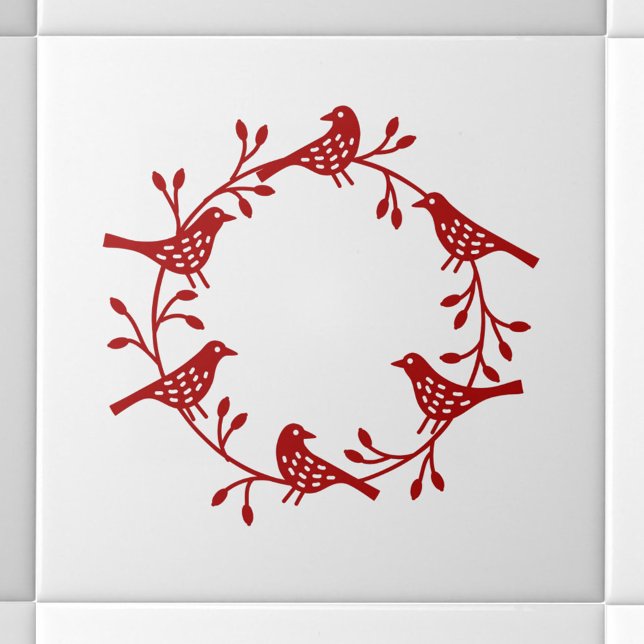 Modern skandinaviska fågel och rosehöftfrand kakelplatta (Scandinavian red and white bird wreath ceramic tile)