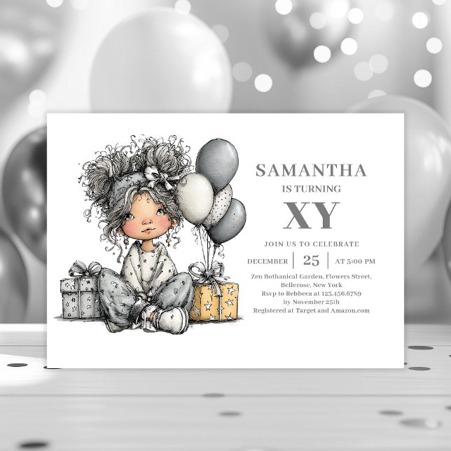 Modern Sketch Flickas födelsedag Svart Guld inbjud Inbjudningar (Modern Sketch Girl Birthday Black Gold invitation)