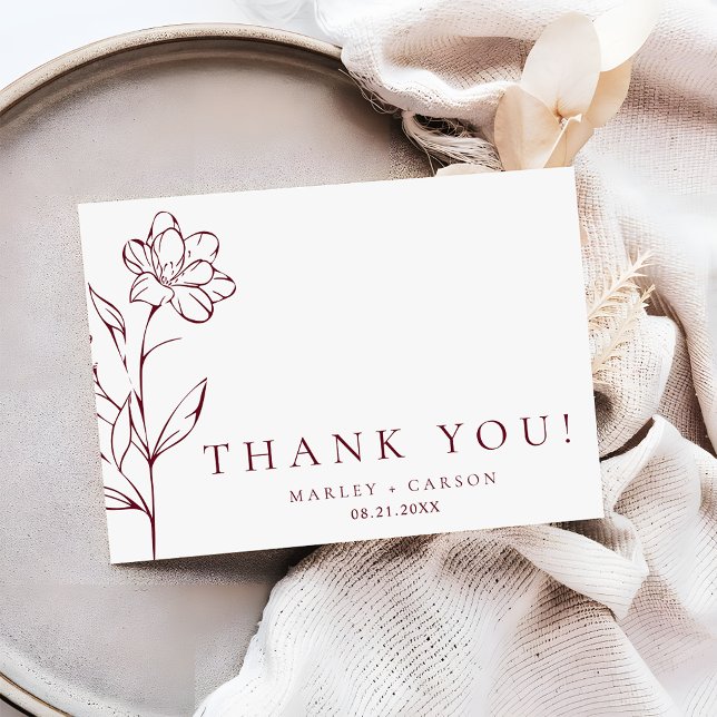 Modern Sketched Floral Burgundy Stylish Wedding Tack Kort (Skapare uppladdad)