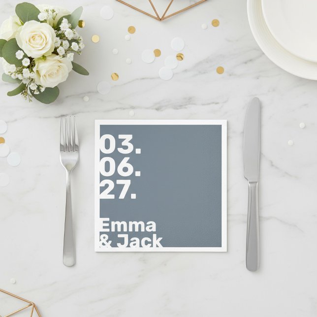 Modern skifferblå minimal vertikal datum bröllop pappersservett (Modern slate Blue minimal Vertical Date Wedding Napkin.)