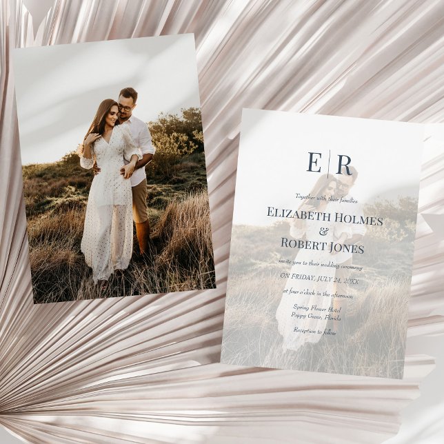 Modern Skifferblå Monogram Anpassad Foto Bröllop Inbjudningar (Modern Slate Blue Monogram Custom Photo Wedding Invitation on a sunny white dry palm leaf.)