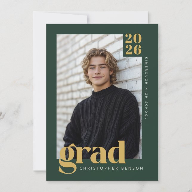 Modern skoggrön guld foto examen inbjudningar (Framsida)