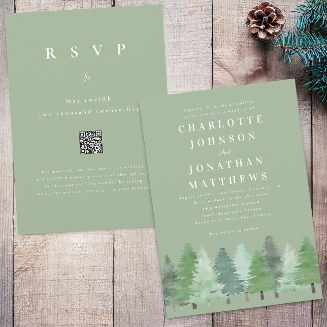 Modern Skogs QR-kod Sagegrön Bröllopsskog Inbjudningar (Modern watercolor Woodland pine forest sage green wedding qr code invitation Simple evergreen trees)