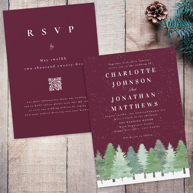 Modern Skogsmark Burgund QR-kod Vinterbröllop Inbjudningar (Modern Woodland snow forest burgundy and white winter wedding qr code invitation)
