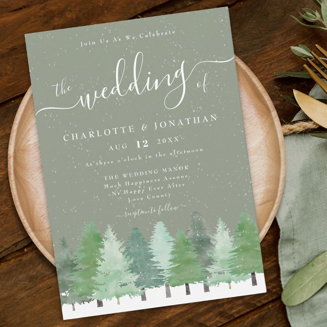 Modern Skogsrustik Ljusgrön Vinterbröllop Inbjudningar (Rustic elegant watercolor snowy evergreen Woodland winter forest sage green wedding invitation)