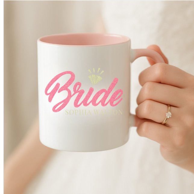 Modern Skräddarsydd Brudnamn Rosa Glittrande Diama Mugg (Modern wedding custom bride name mug)