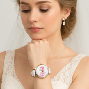 Modern Skräddarsydd Brudnamn Rosa Glittrig Diamant Armbandsur