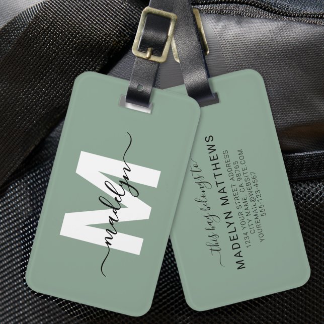 Modern Skräddarsydd Ljusgrön Monogram Namn Bagagebricka (Modern Custom Sage Green Monogram Name Luggage Tag)