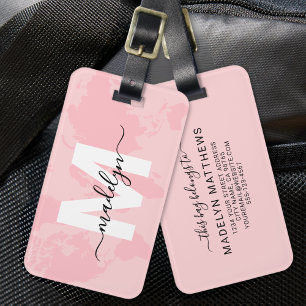 Modern Skräddarsydd Rosa Kartmonogramnamn Bagagebricka