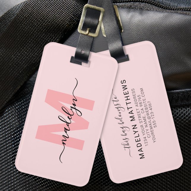 Modern Skräddarsydd Rosa Monogram Namn Bagagebricka (Modern Custom Blush Pink Monogram Name Luggage Tag)