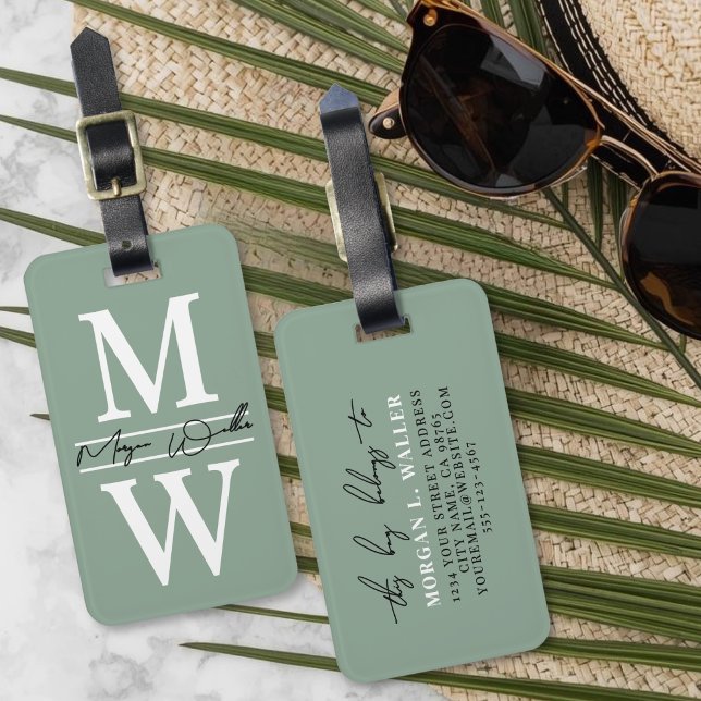 Modern skräddarsydd sagegrön monogramnamn bagagebricka (Modern Custom Sage Green Monogram Name Luggage Tag)