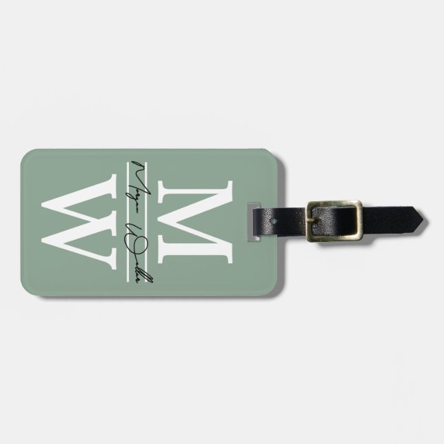 Modern Skräddarsydd Sagegrön Monogramnamn Bagagebricka (Horisontell Framsida)
