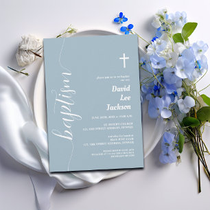 Modern skribaptism Vita Kor Dusty Blue Inbjudningar