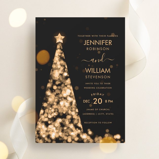 Modern skribent Festive Guld Träd jul Bröllop Inbjudningar (Modern Script Festive Gold Tree Christmas Wedding Invitation)