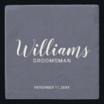 Modern skribentblått Personlig Groomsman Stenunderlägg<br><div class="desc">Moderna Marskalkar för blå Personlig i marktunga,  som Underlägg personlig Groomsmans namn i det moderna typsnittet stil med rubrik och bröllop datum i modernt sans serif-typsnitt stil på marin blå bakgrund. Även perfekt för Far i Bride,  Bästa man med mera.</div>