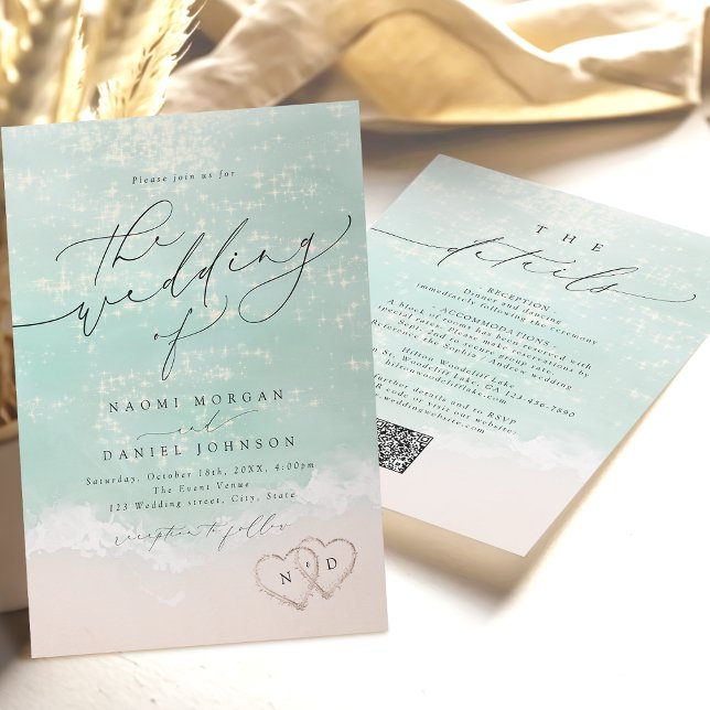 Modern skribenthälsning - allt i ett inbjudningar (Modern Script Sand Hearts Beach Wedding All In One Invitation)