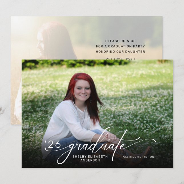 Modern skrift 2 foto horisontell examen inbjudningar (Fram/baksida)