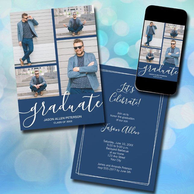 Modern skrift 4 - foto, marinblå Studenten Meddelande (Modern script 4 photo navy blue graduation announcements - PRINTED and/or INSTANT DOWNLOAD)