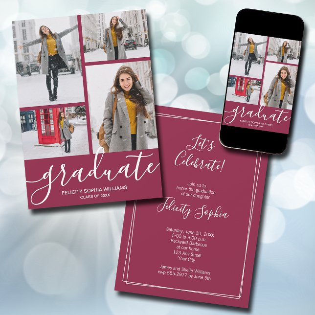 Modern skrift 4 Photo Maroon Studenten Meddelande (Modern script 4 photo maroon graduation announcements - PRINTED and/or INSTANT DOWNLOAD)