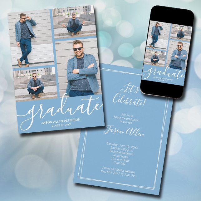 Modern skrift 4 Photo Powder Blue Studenten Meddelande (Modern script 4 photo powder blue graduation announcements - PRINTED and/or INSTANT DOWNLOAD)