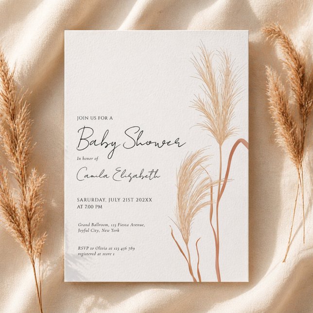 Modern Skrift Boho Pampas Gräs Bebis Badrum Inbjudningar (Skapare uppladdad)