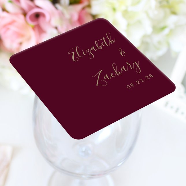Modern Skrift Burgundy Guld Bröllop Underlägg Papper Kvadrat (Skapare uppladdad)