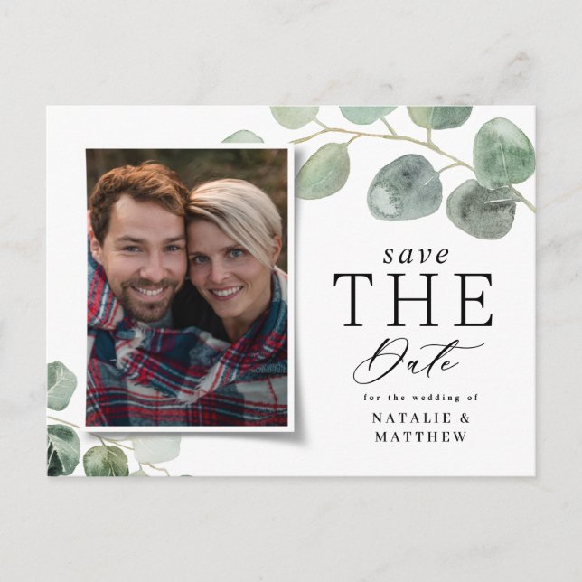 Modern skrift eukalyptus botaniskt foto bröllop meddelande vykort (Framsida)